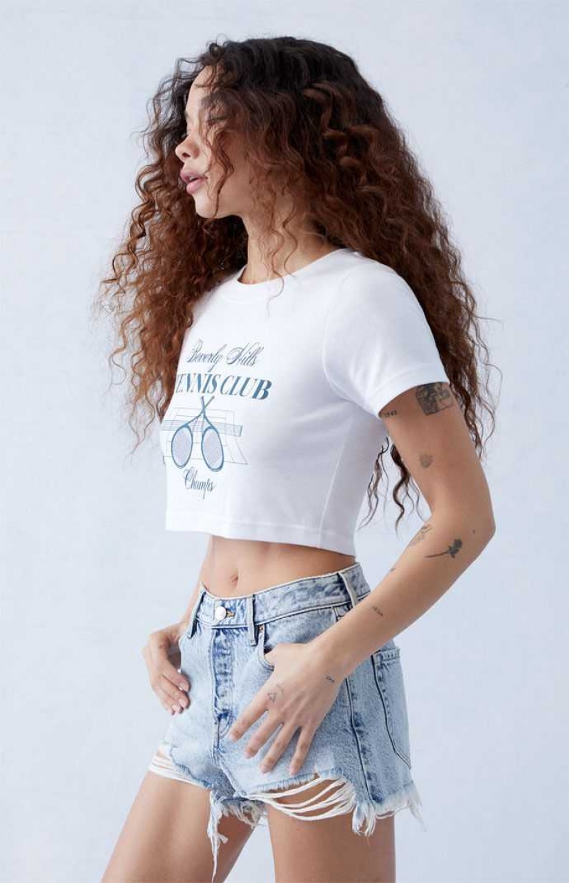 MEDIUM INDIGO PacSun Eco Light Indigo Ripped High Waisted Denim Festival Shorts | PWHDONE-34