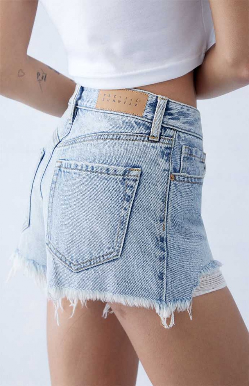 MEDIUM INDIGO PacSun Eco Light Indigo Ripped High Waisted Denim Festival Shorts | PWHDONE-34