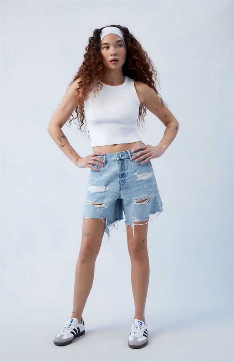 MEDIUM INDIGO PacSun Eco Light Indigo Ripped High Waisted Relaxed Jorts | ARIONSH-52