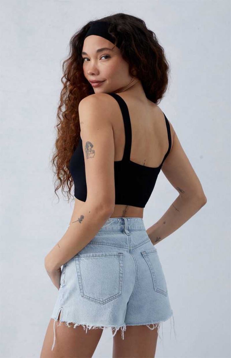 MEDIUM INDIGO PacSun Eco Light Indigo Ripped Studded High Waisted Denim Festival Shorts | HOXYGRT-65