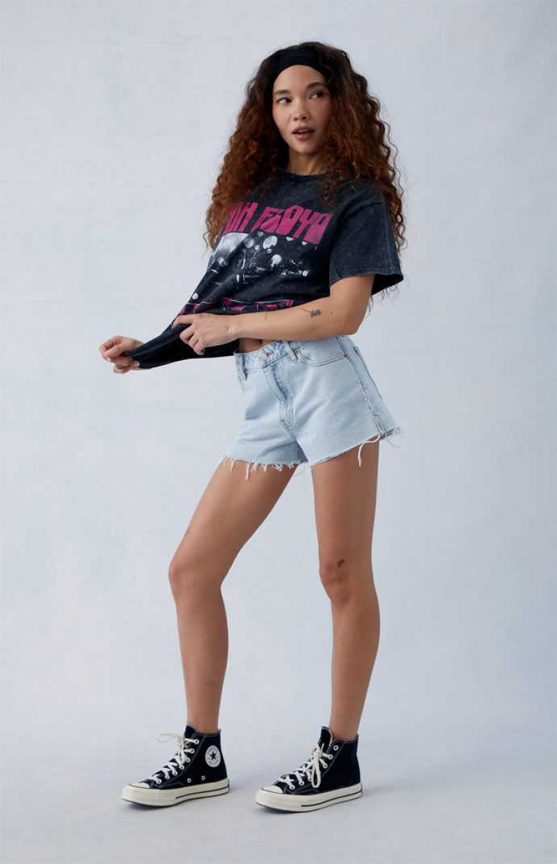 MEDIUM INDIGO PacSun Eco Light Indigo Ripped Studded High Waisted Denim Festival Shorts | HOXYGRT-65