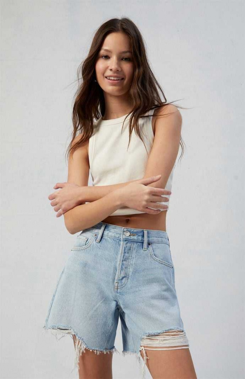 MEDIUM INDIGO PacSun Eco Light Indigo Ripped High Waisted Relaxed Jorts | SLDXYZT-10