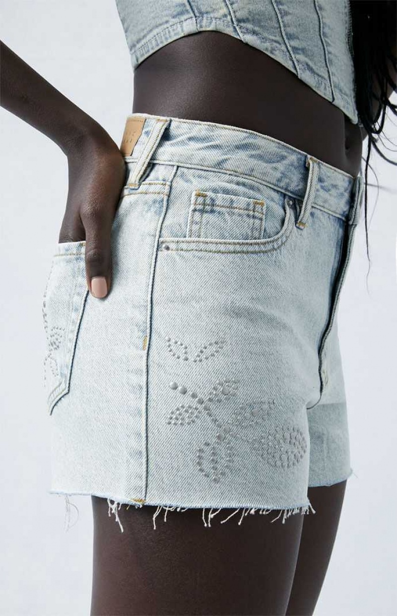 MEDIUM INDIGO PacSun Eco Light Indigo Studded High Waisted Denim Festival Shorts | VISPNOA-75