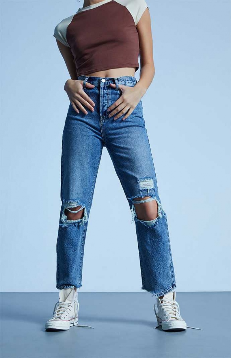 MEDIUM INDIGO PacSun Eco Medium Blue Distressed High Waisted Straight Leg Jeans | FLMZSVI-16