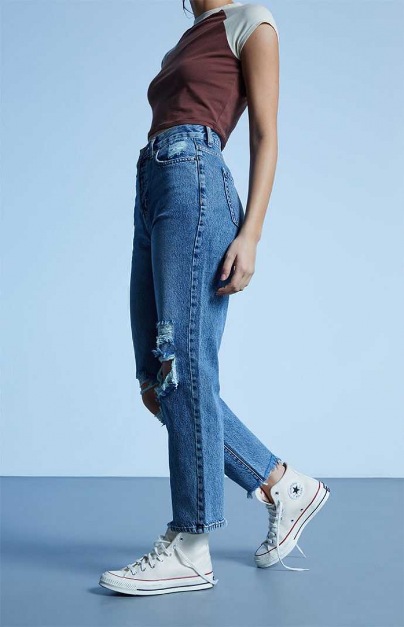 MEDIUM INDIGO PacSun Eco Medium Blue Distressed High Waisted Straight Leg Jeans | FLMZSVI-16