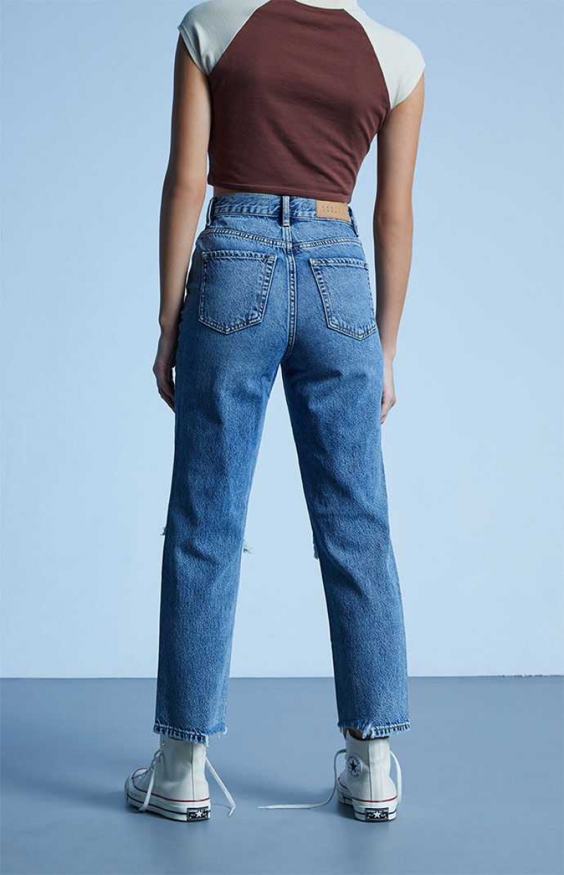 MEDIUM INDIGO PacSun Eco Medium Blue Distressed High Waisted Straight Leg Jeans | FLMZSVI-16