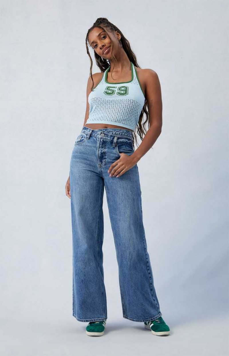 MEDIUM INDIGO PacSun Eco Medium Indigo Asymmetrical Wide Leg Jeans | VYTUXKP-07