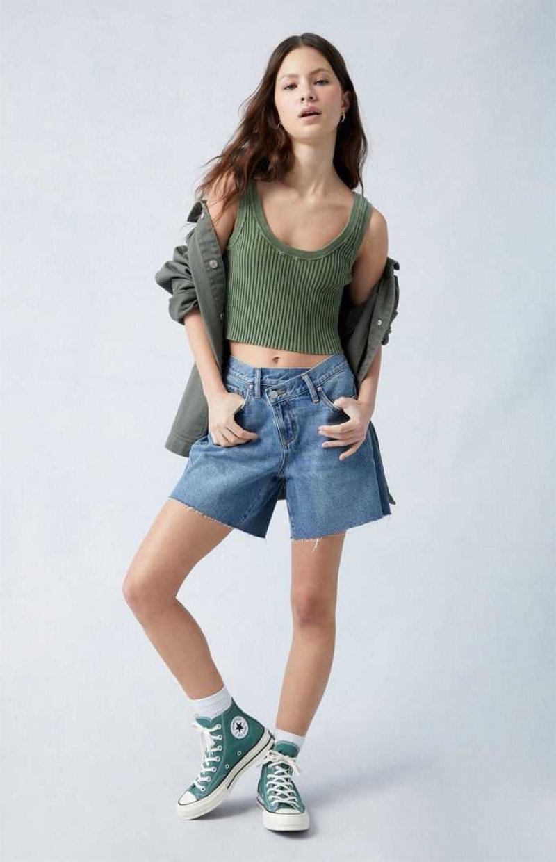 MEDIUM INDIGO PacSun Eco Medium Indigo Asymmetrical High Waisted Relaxed Jorts | MPYDBTX-41