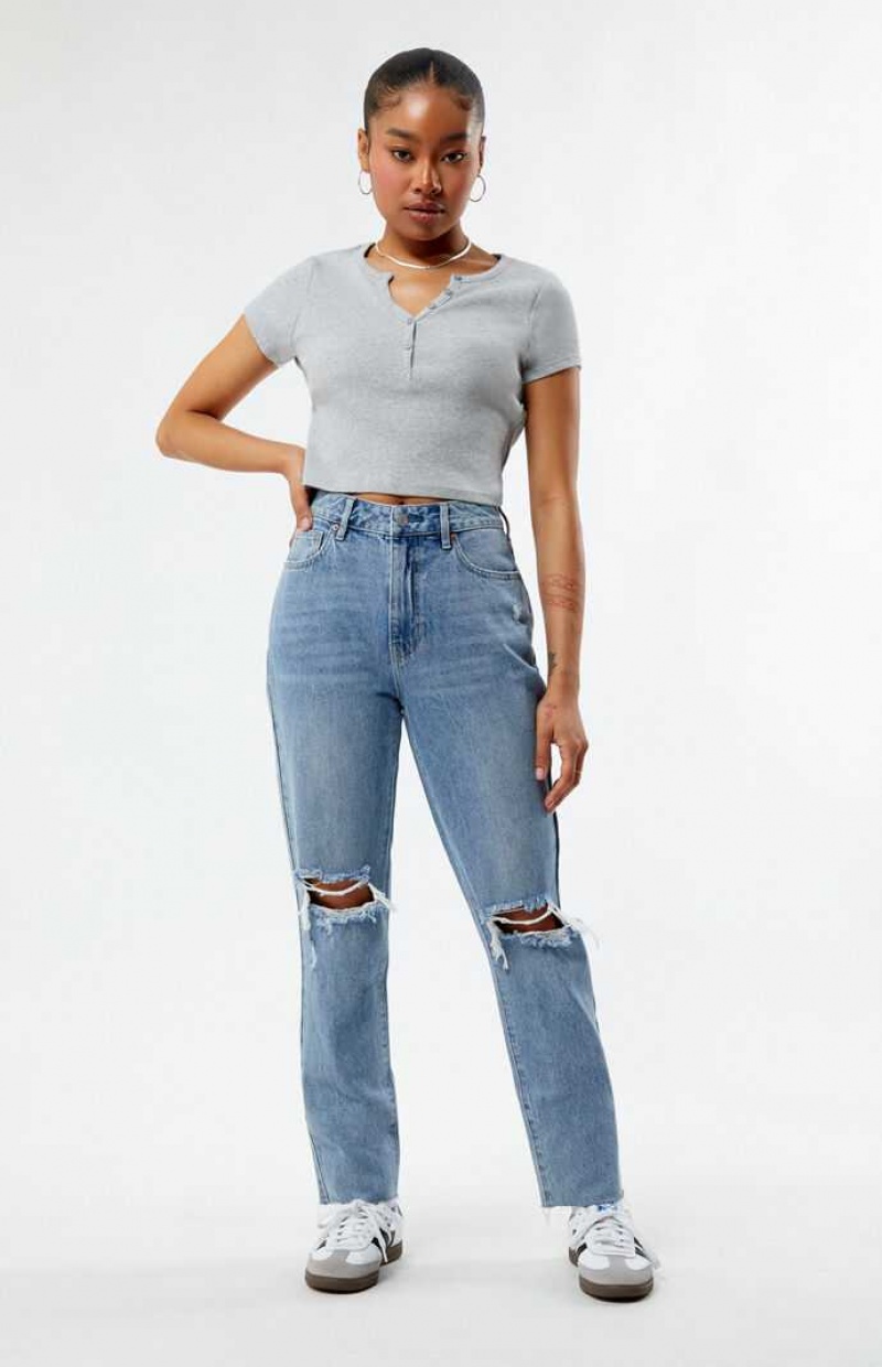 MEDIUM INDIGO PacSun Eco Medium Indigo Ripped Mom Jeans | TFQPNWA-67