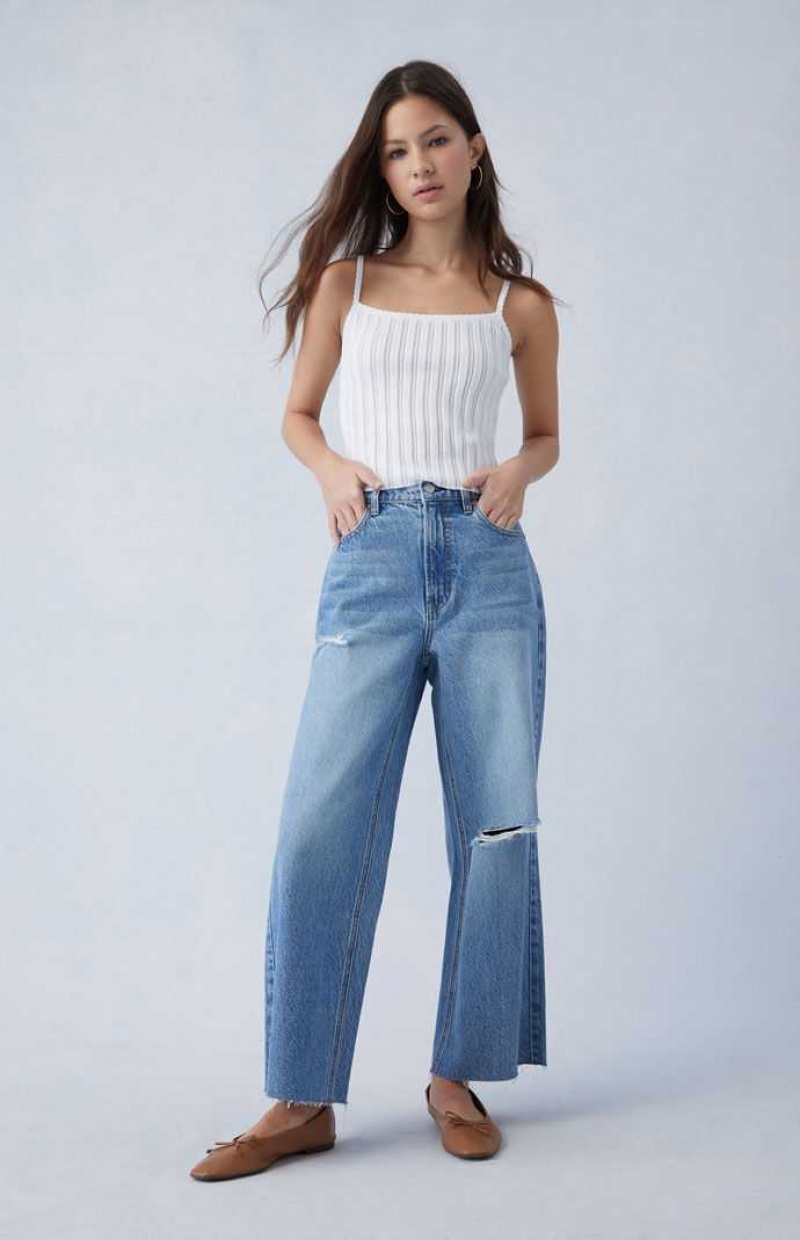 MEDIUM INDIGO PacSun Eco Medium Indigo Ripped Cropped Wide Leg Jeans | TILQFKM-17