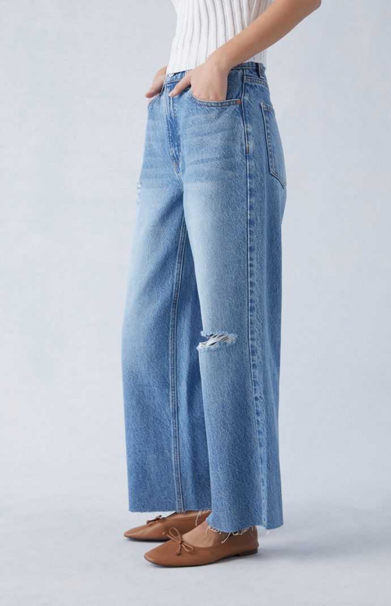 MEDIUM INDIGO PacSun Eco Medium Indigo Ripped Cropped Wide Leg Jeans | TILQFKM-17