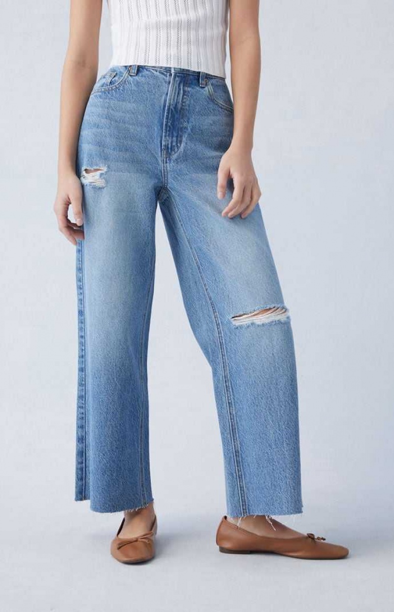 MEDIUM INDIGO PacSun Eco Medium Indigo Ripped Cropped Wide Leg Jeans | TILQFKM-17