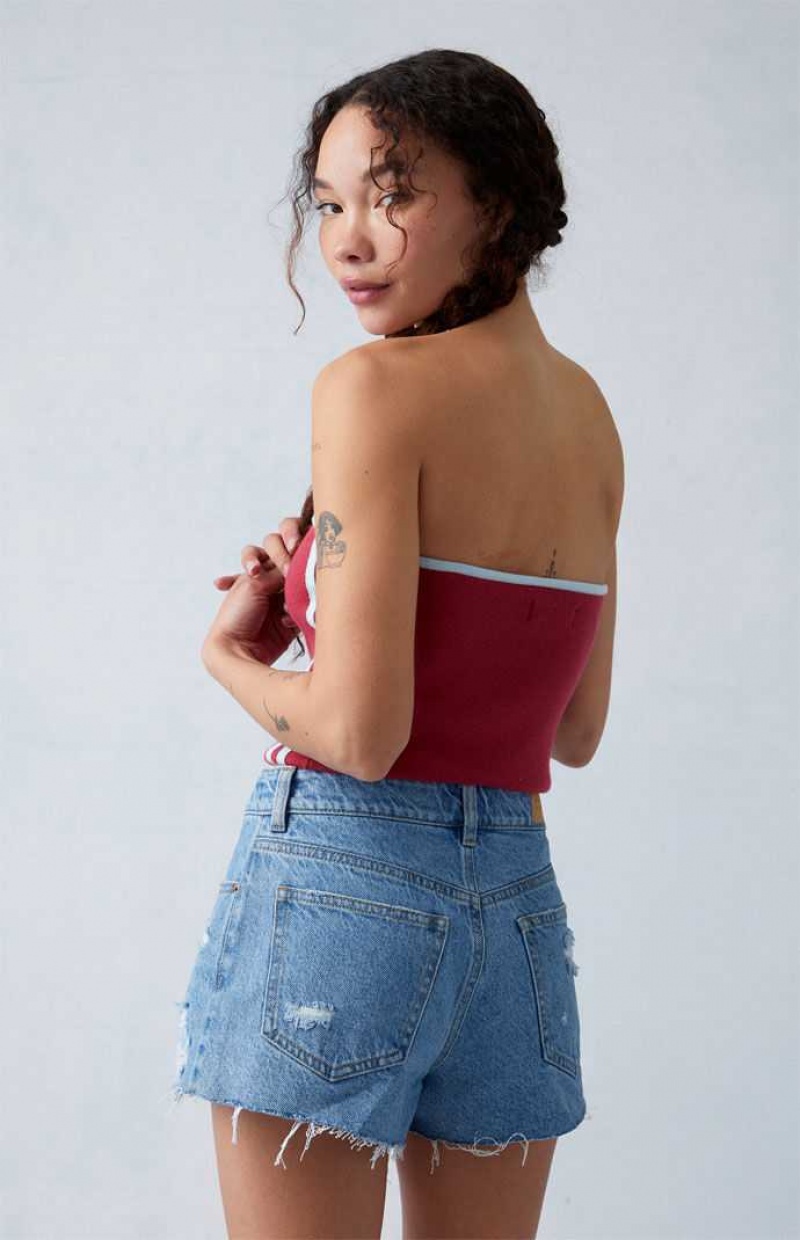 MEDIUM INDIGO PacSun Eco Medium Indigo Ripped Denim Mom Shorts | QENITVF-78