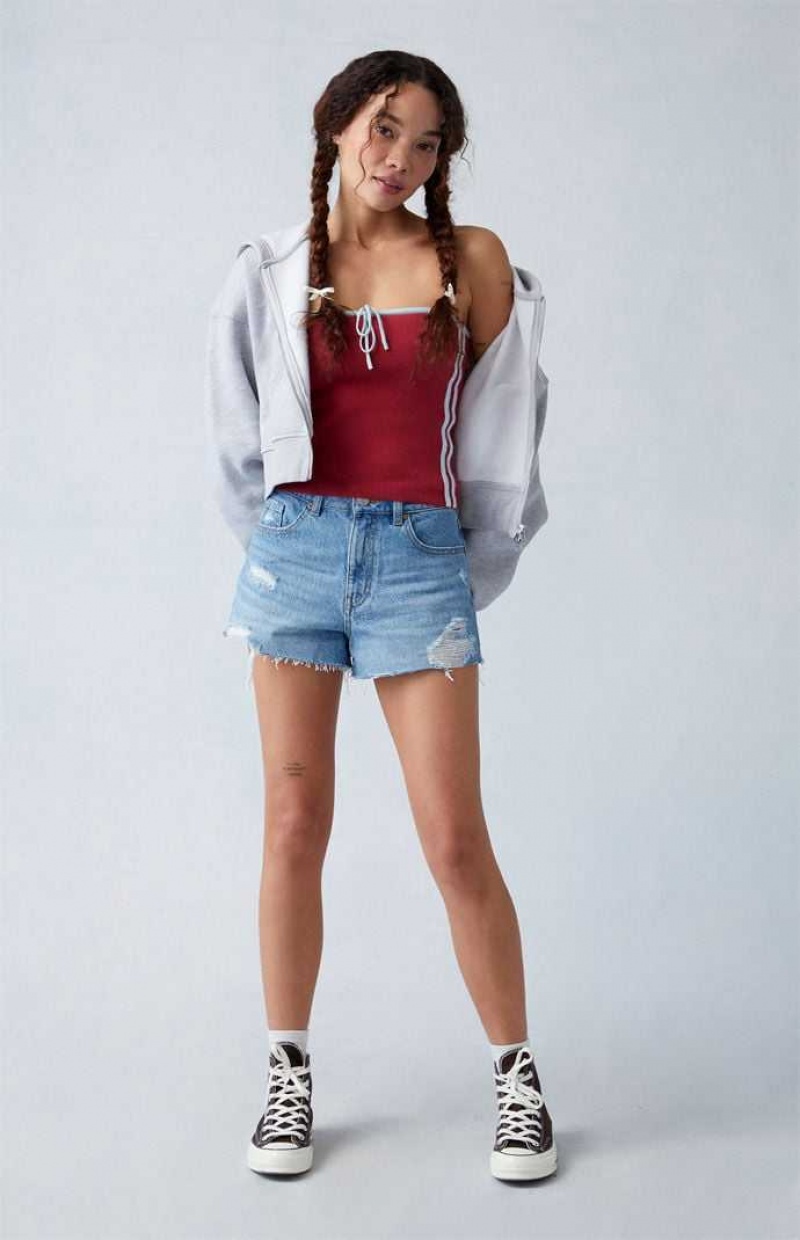 MEDIUM INDIGO PacSun Eco Medium Indigo Ripped Denim Mom Shorts | QENITVF-78