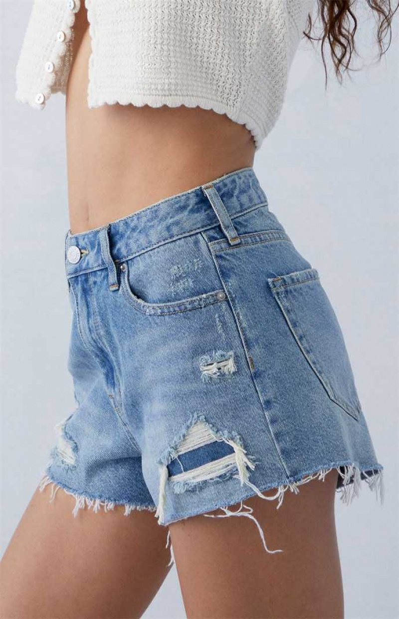 MEDIUM INDIGO PacSun Eco Medium Indigo Ripped High Waisted Denim Festival Shorts | GYJITOH-29