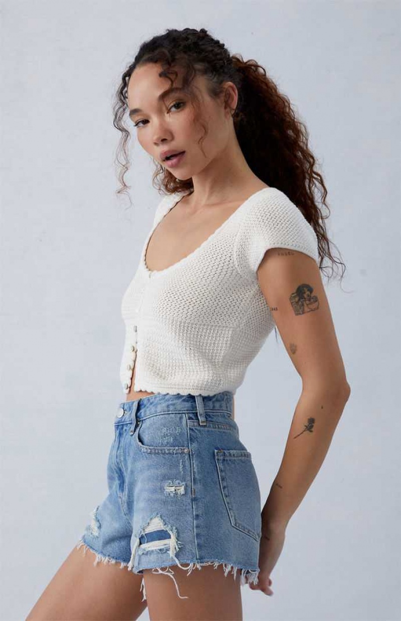 MEDIUM INDIGO PacSun Eco Medium Indigo Ripped High Waisted Denim Festival Shorts | GYJITOH-29