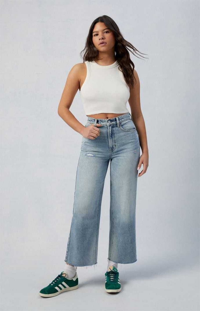 MEDIUM INDIGO PacSun Eco Medium Indigo Ripped Nora Cropped Wide Leg Jeans | ARHVCQK-26