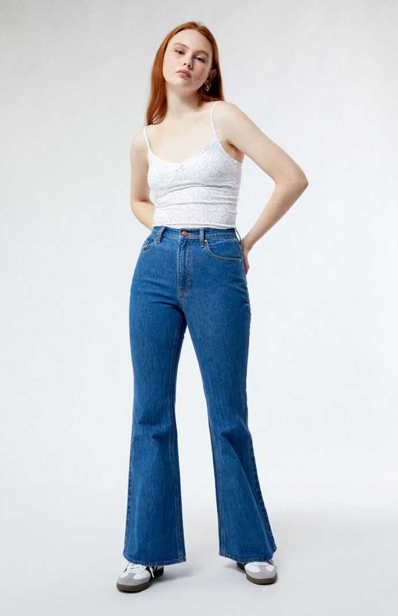 MEDIUM INDIGO PacSun Eco Stretch Dark Indigo High Waisted Flare Jeans | PBDSTJM-09