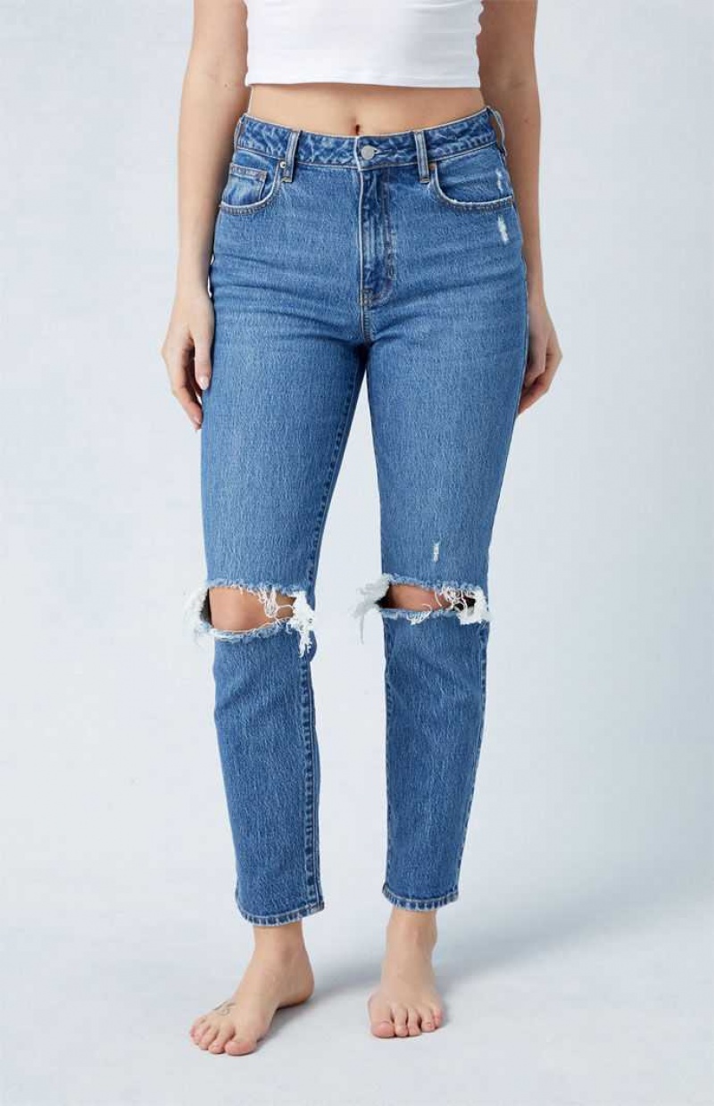 MEDIUM INDIGO PacSun Eco Stretch Dark Indigo Ripped Mom Jeans | AOGRXCT-15