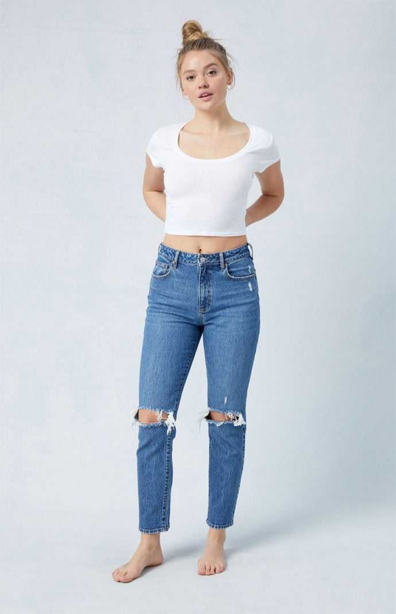 MEDIUM INDIGO PacSun Eco Stretch Dark Indigo Ripped Mom Jeans | AOGRXCT-15