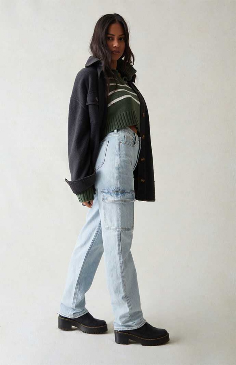 MEDIUM INDIGO PacSun Eco Stretch Light Indigo Curve '90s Boyfriend Cargo Jeans | XMPLCGO-80