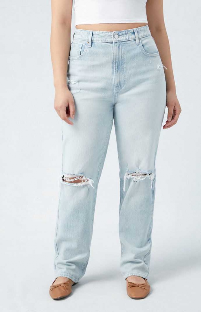 MEDIUM INDIGO PacSun Eco Stretch Light Indigo Ripped Curve Dad Jeans | LHKDVBG-26