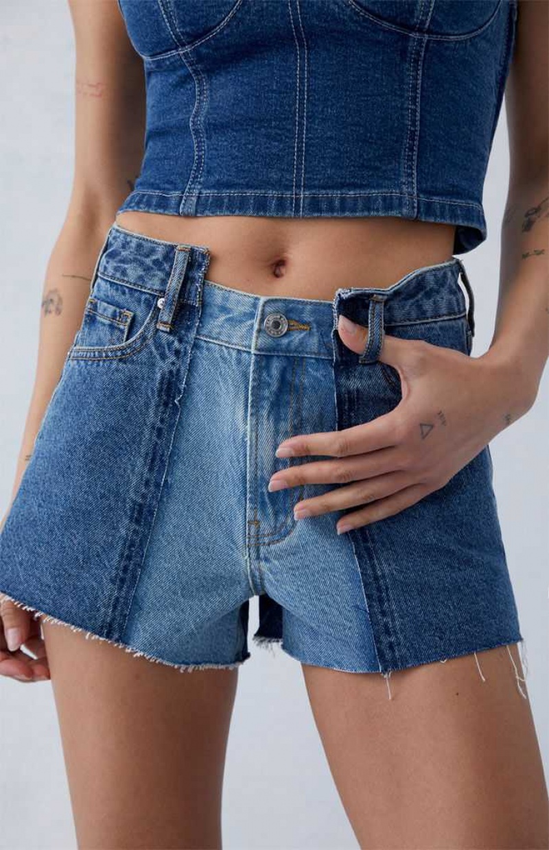 MEDIUM INDIGO PacSun Eco Two-Tone Indigo High Waisted Denim Festival Shorts | SKLJGWM-18