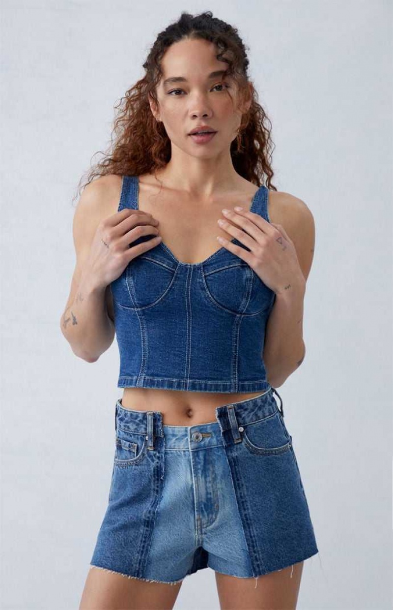 MEDIUM INDIGO PacSun Eco Two-Tone Indigo High Waisted Denim Festival Shorts | SKLJGWM-18