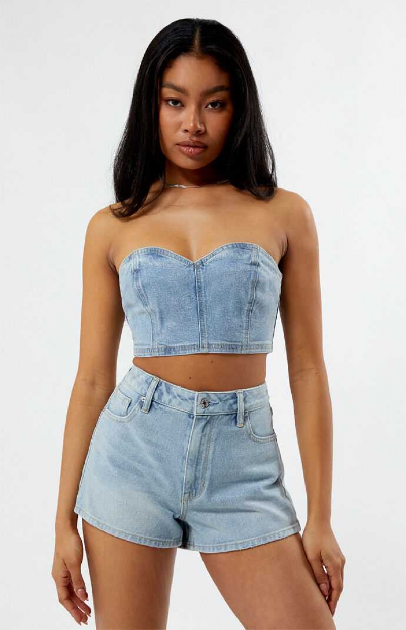 MEDIUM INDIGO PacSun Glitter Frost Denim Tube Top | IUHZFNX-16