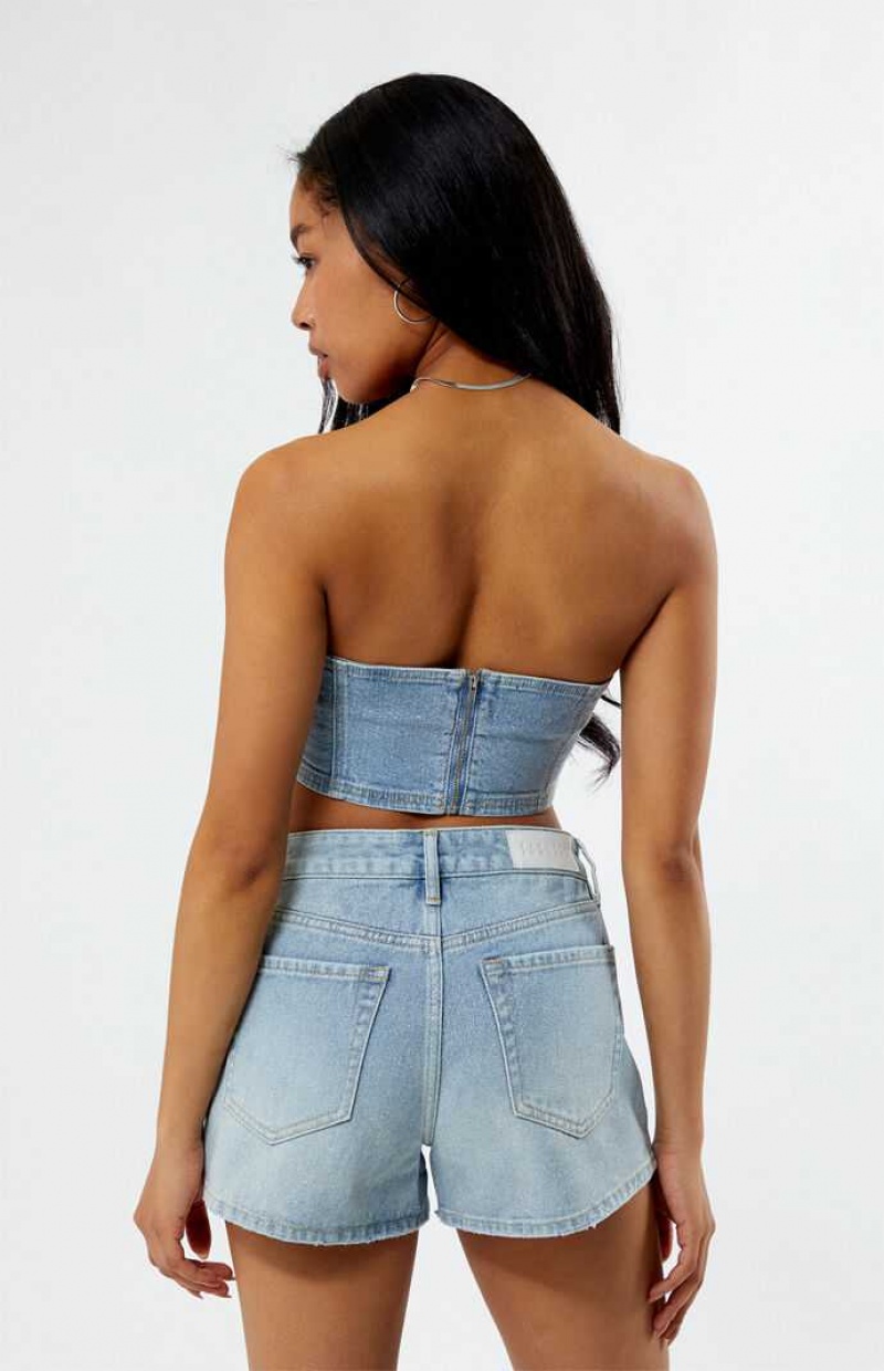 MEDIUM INDIGO PacSun Glitter Frost Denim Tube Top | IUHZFNX-16