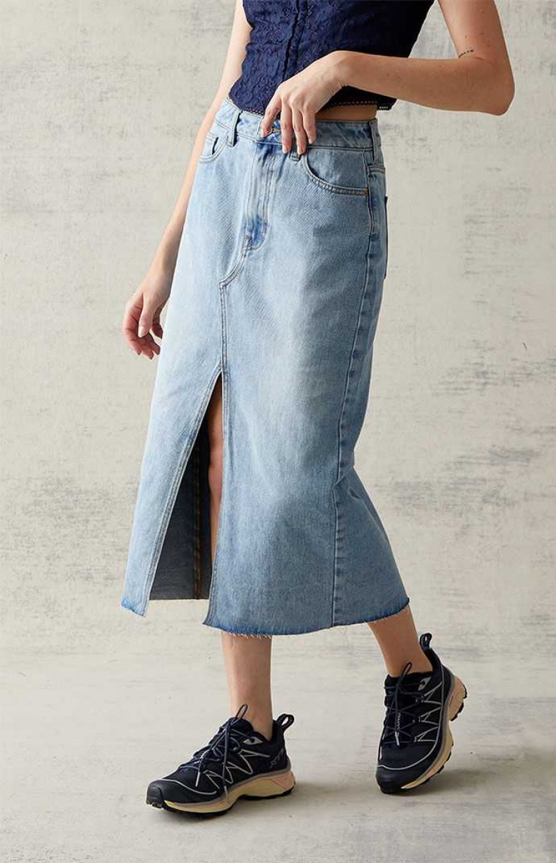 MEDIUM INDIGO PacSun Light Blue Denim Midi Skirt | YRICAUG-58