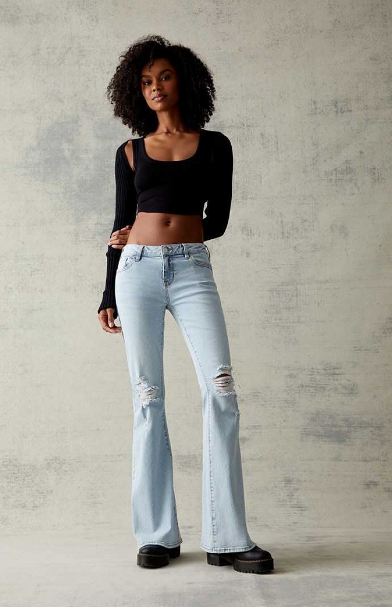 MEDIUM INDIGO PacSun Light Blue Ripped Stretch Low Rise Flare Jeans | UVAYFNL-64