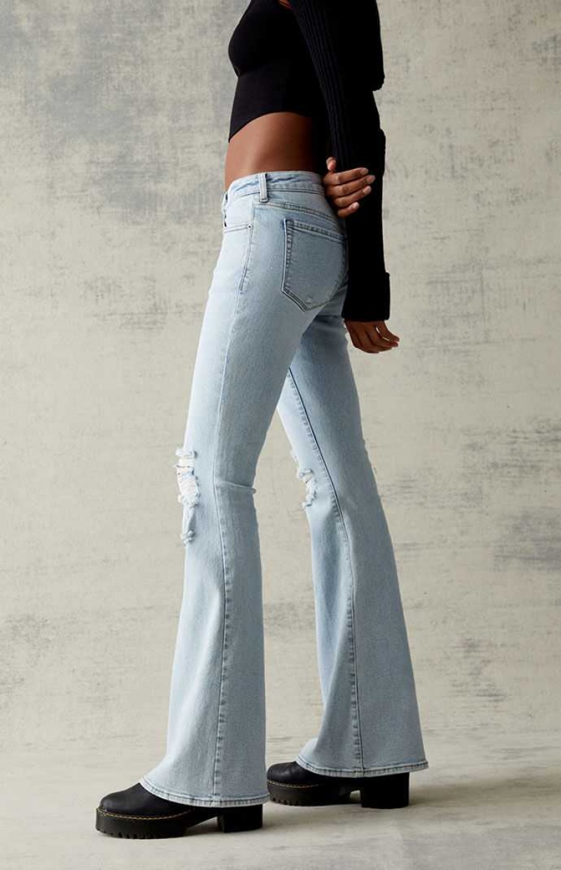 MEDIUM INDIGO PacSun Light Blue Ripped Stretch Low Rise Flare Jeans | UVAYFNL-64