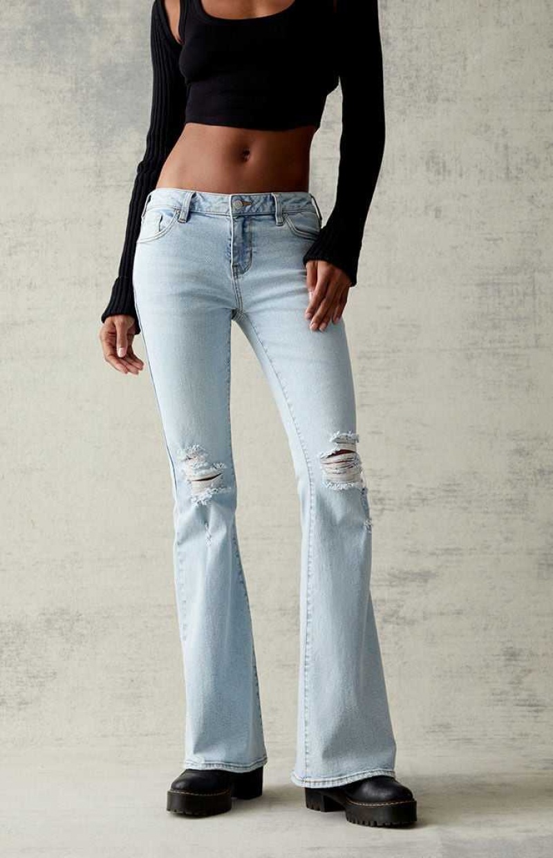 MEDIUM INDIGO PacSun Light Blue Ripped Stretch Low Rise Flare Jeans | UVAYFNL-64