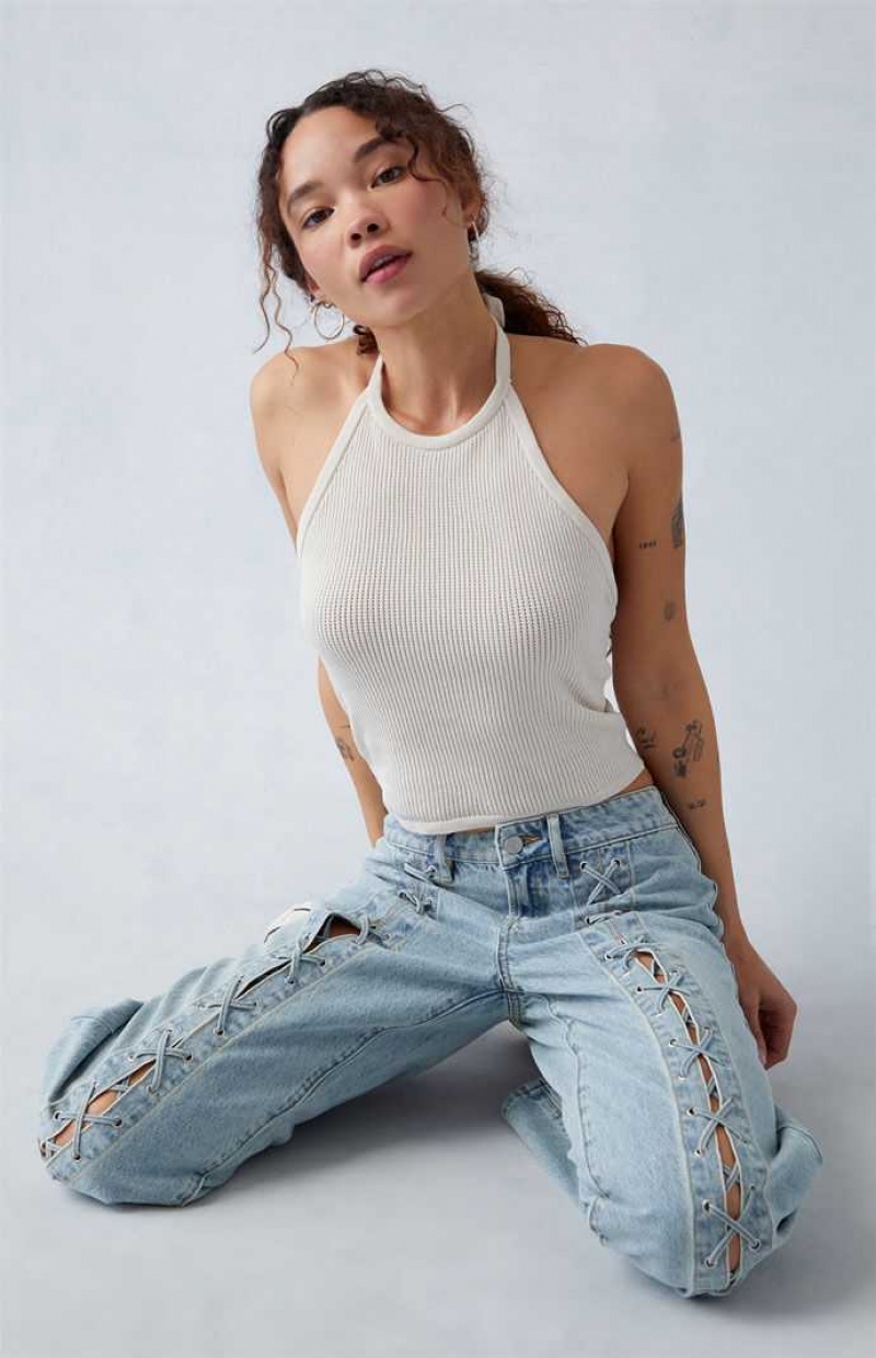 MEDIUM INDIGO PacSun Light Indigo Lace-Up Low Rise Wide Leg Jeans | DQNRACF-01