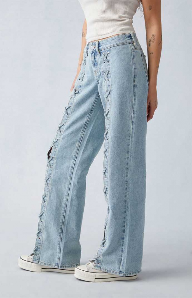 MEDIUM INDIGO PacSun Light Indigo Lace-Up Low Rise Wide Leg Jeans | DQNRACF-01