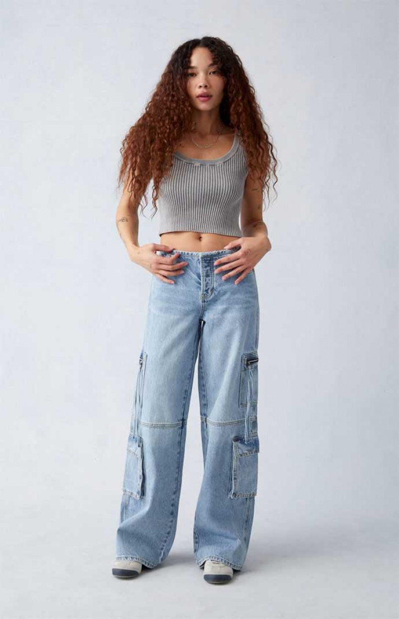 MEDIUM INDIGO PacSun Light Indigo Low Rise Baggy Cargo Jeans | AZUSYVT-93