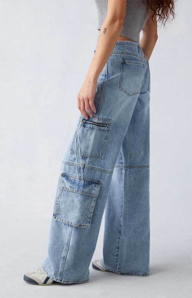 MEDIUM INDIGO PacSun Light Indigo Low Rise Baggy Cargo Jeans | AZUSYVT-93