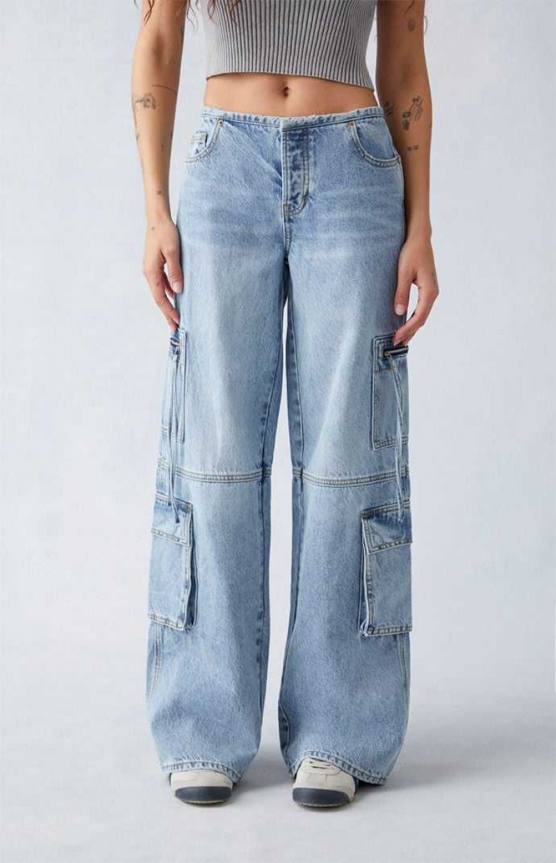 MEDIUM INDIGO PacSun Light Indigo Low Rise Baggy Cargo Jeans | AZUSYVT-93