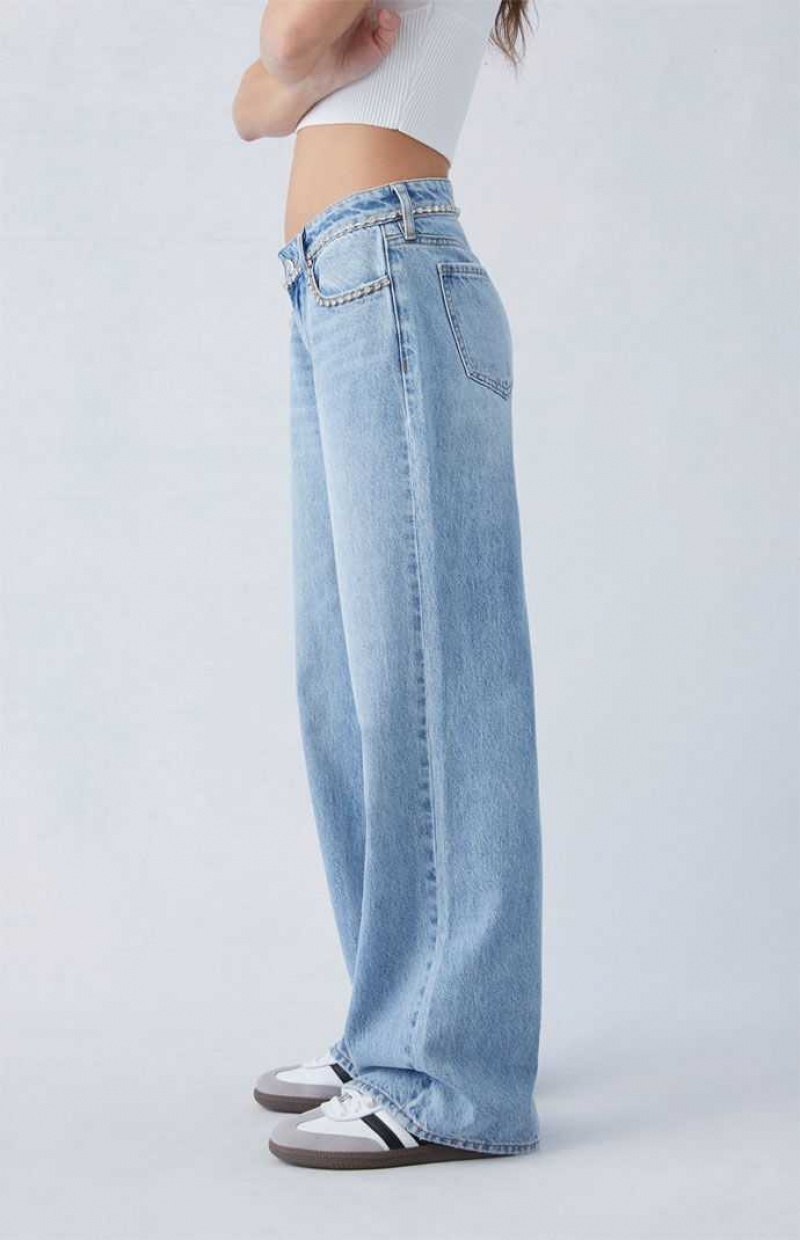 MEDIUM INDIGO PacSun Light Indigo Rhinestone Low Rise Wide Leg Jeans | PHKZWGD-24