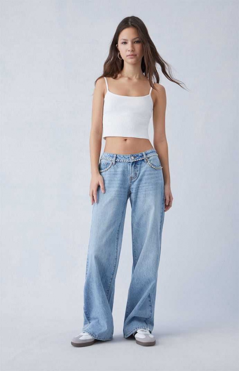 MEDIUM INDIGO PacSun Light Indigo Rhinestone Low Rise Wide Leg Jeans | PHKZWGD-24