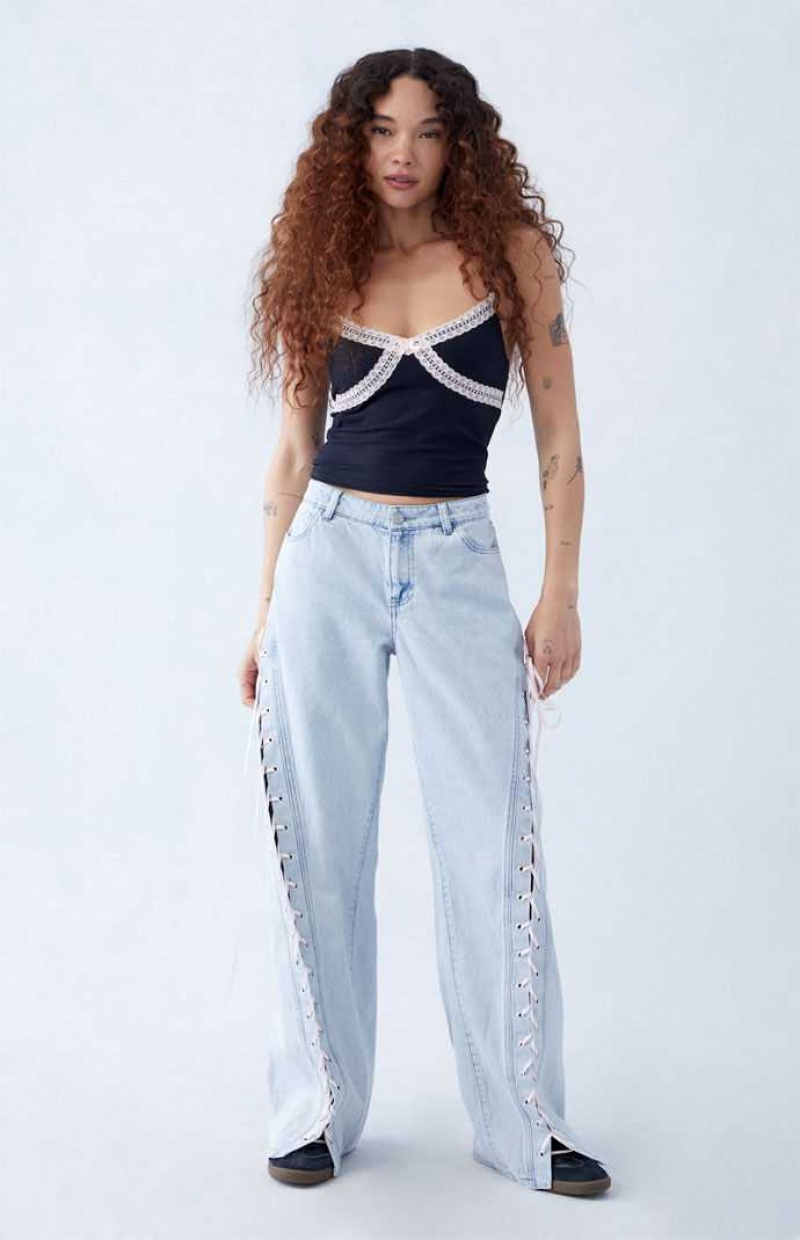 MEDIUM INDIGO PacSun Light Indigo Ribbon Lace Up Low Rise Baggy Jeans | NQOBPVG-07