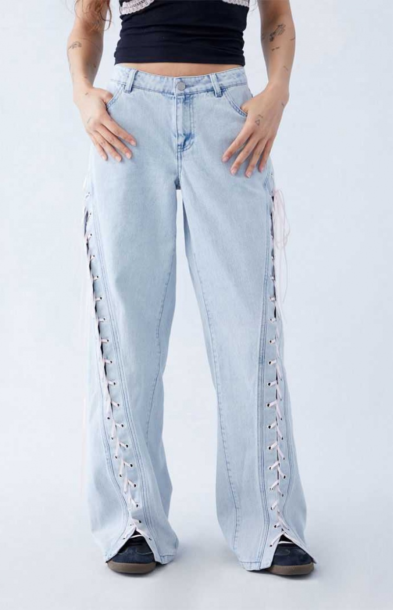 MEDIUM INDIGO PacSun Light Indigo Ribbon Lace Up Low Rise Baggy Jeans | NQOBPVG-07