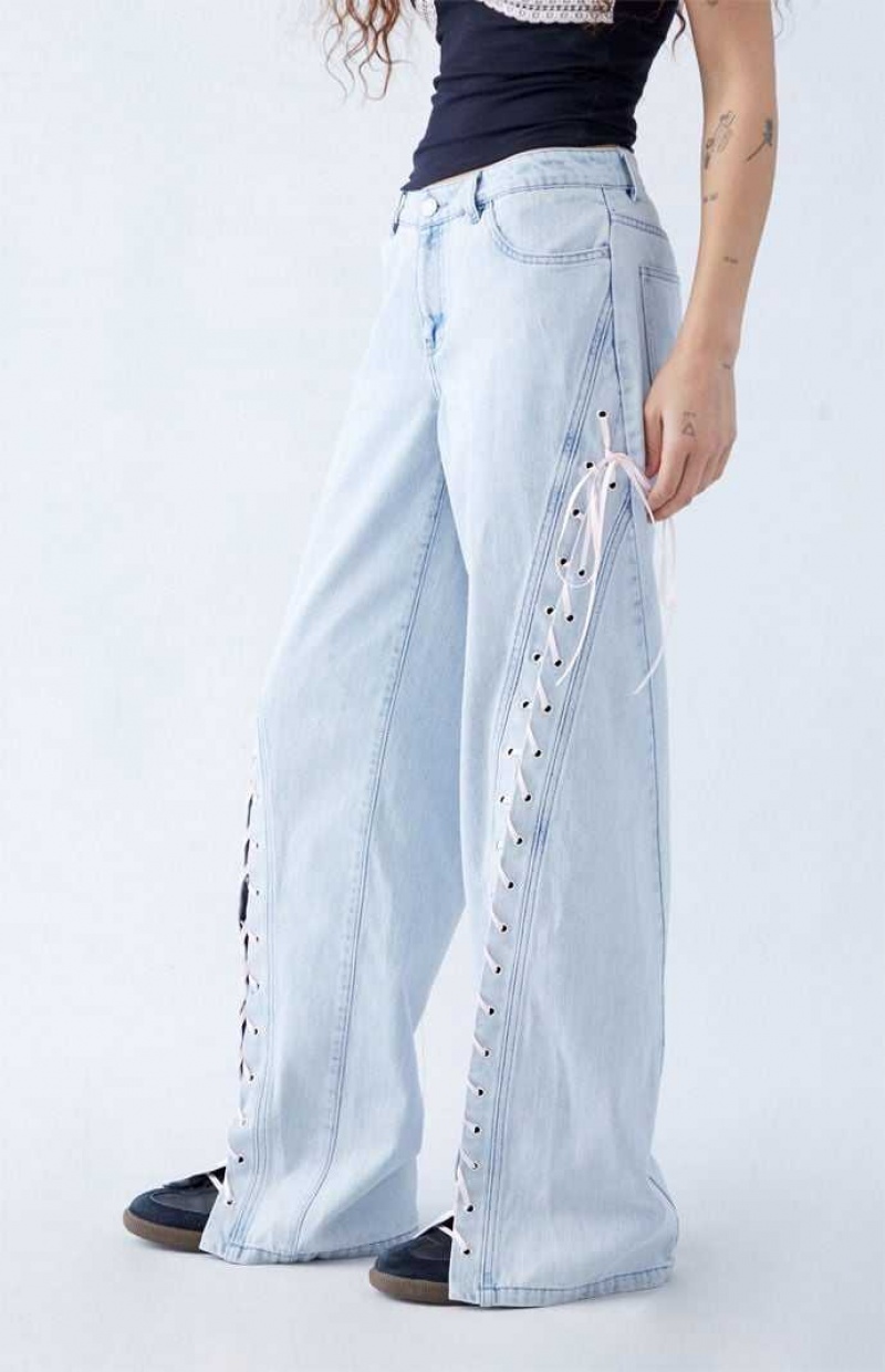 MEDIUM INDIGO PacSun Light Indigo Ribbon Lace Up Low Rise Baggy Jeans | NQOBPVG-07