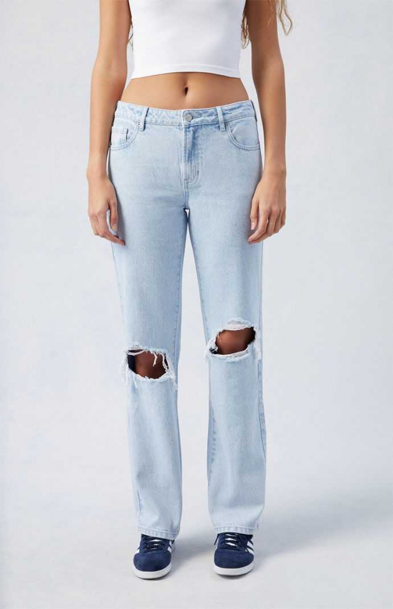 MEDIUM INDIGO PacSun Light Indigo Ripped Jordyn Low Rise Straight Leg Jeans | OFBSDRJ-49