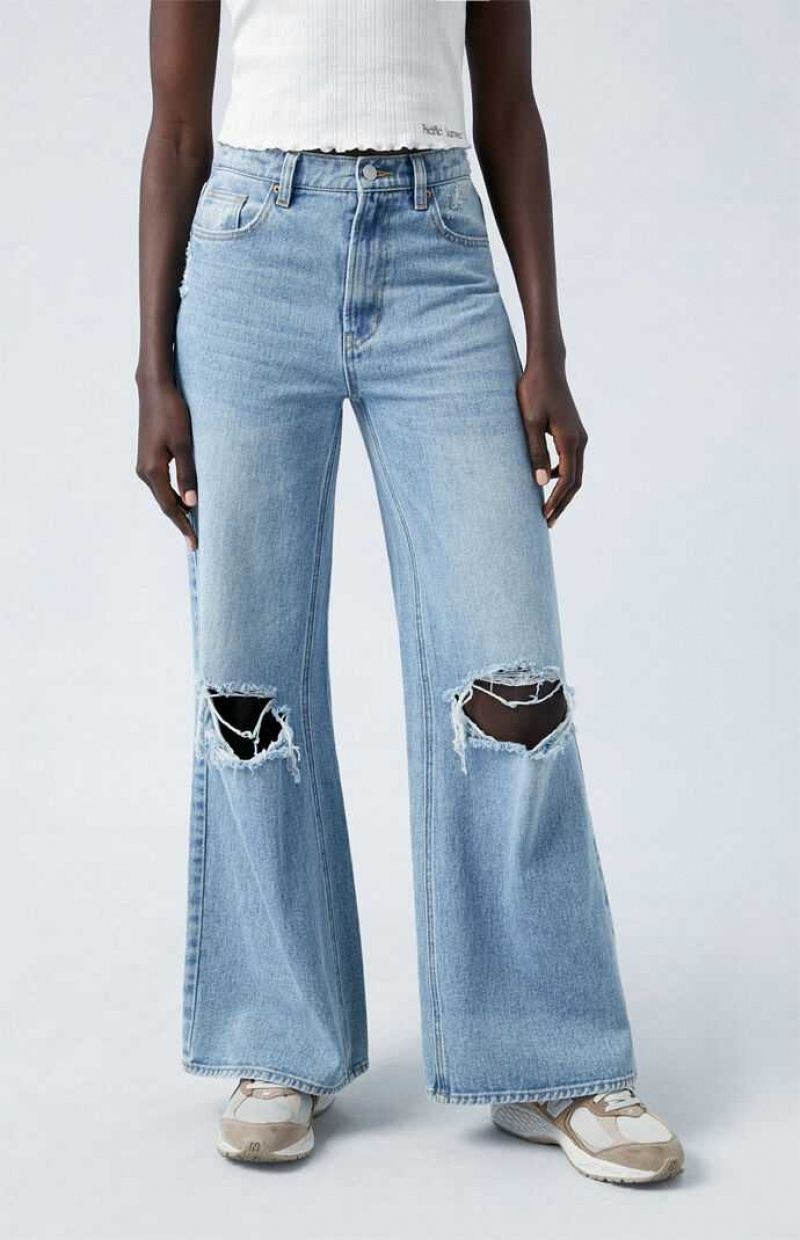 MEDIUM INDIGO PacSun Light Indigo Ripped Wide Leg Jeans | ANJOPYR-78