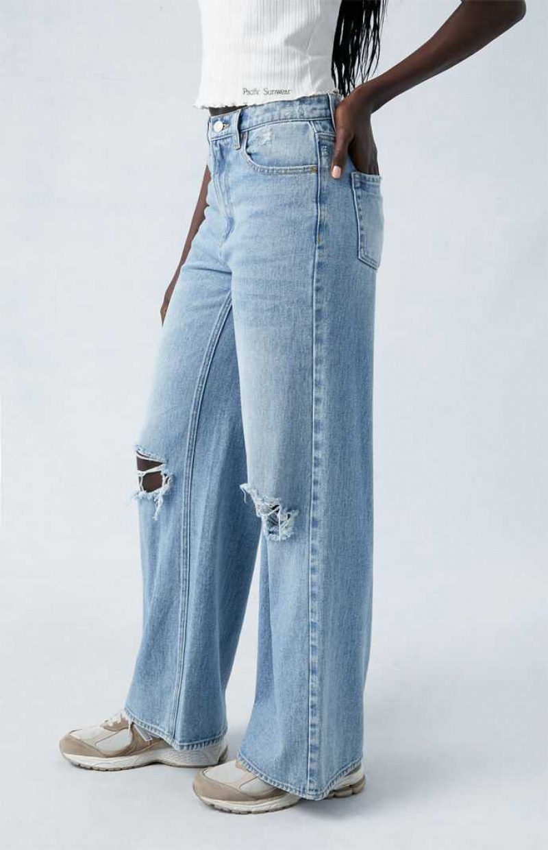 MEDIUM INDIGO PacSun Light Indigo Ripped Wide Leg Jeans | ANJOPYR-78