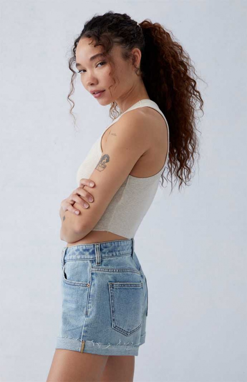 MEDIUM INDIGO PacSun Light Indigo Roll Cuff Denim Mom Shorts | YRIXNGK-30