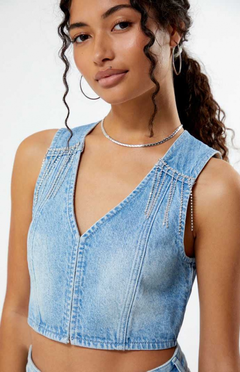 MEDIUM INDIGO PacSun Light Indigo V-Neck Denim Vest | IPXOANV-19