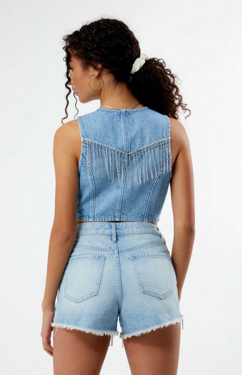 MEDIUM INDIGO PacSun Light Indigo V-Neck Denim Vest | IPXOANV-19